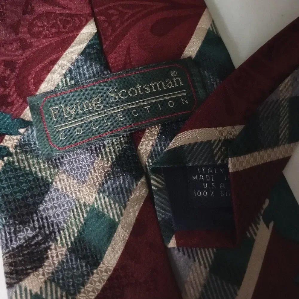 Flying Scotsman Collection Mens Silk Tie Burgundy Pheasant Plaid Paisley Hunting
